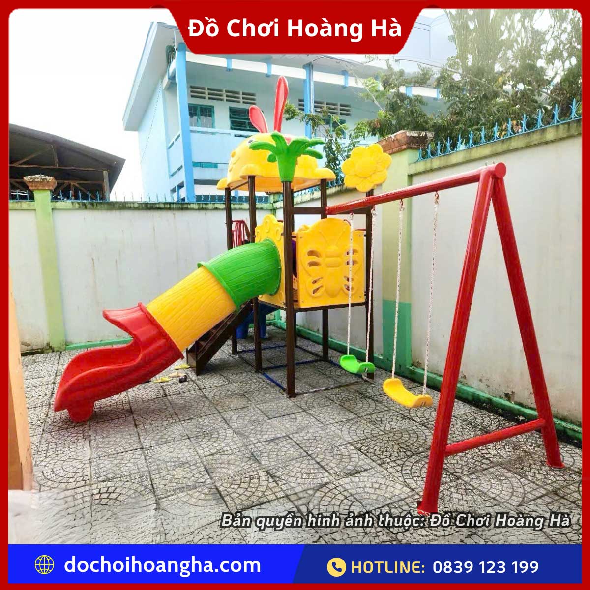 Cầu trượt liên hoàn 2 khối mái Thỏ xích đu ngoài trời