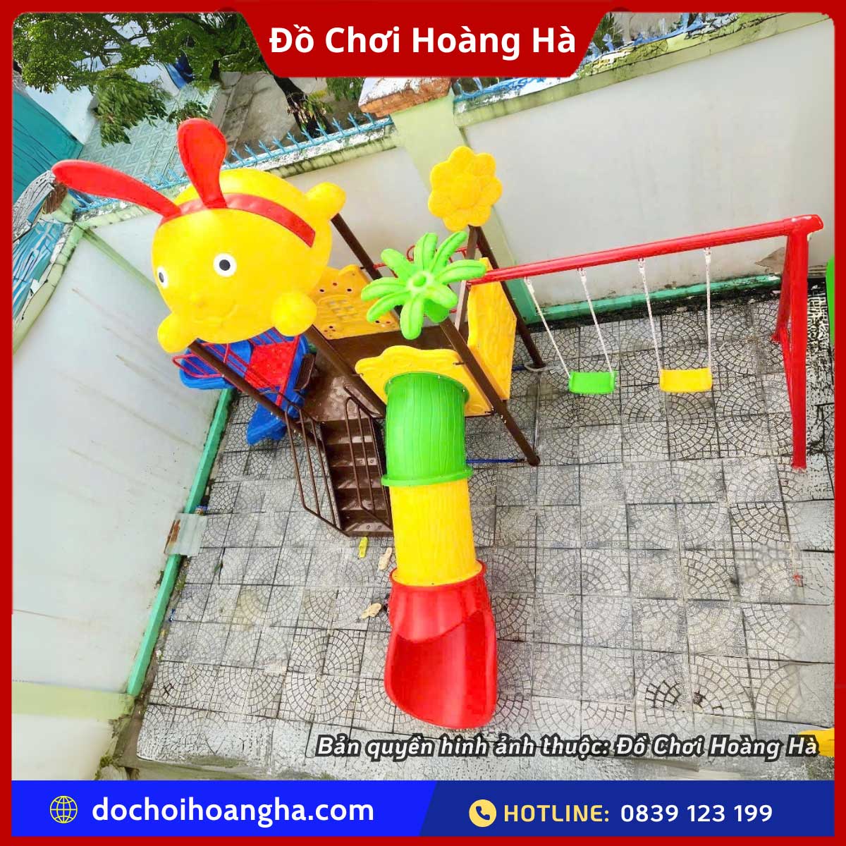 Cầu trượt liên hoàn 2 khối mái Thỏ xích đu ngoài trời