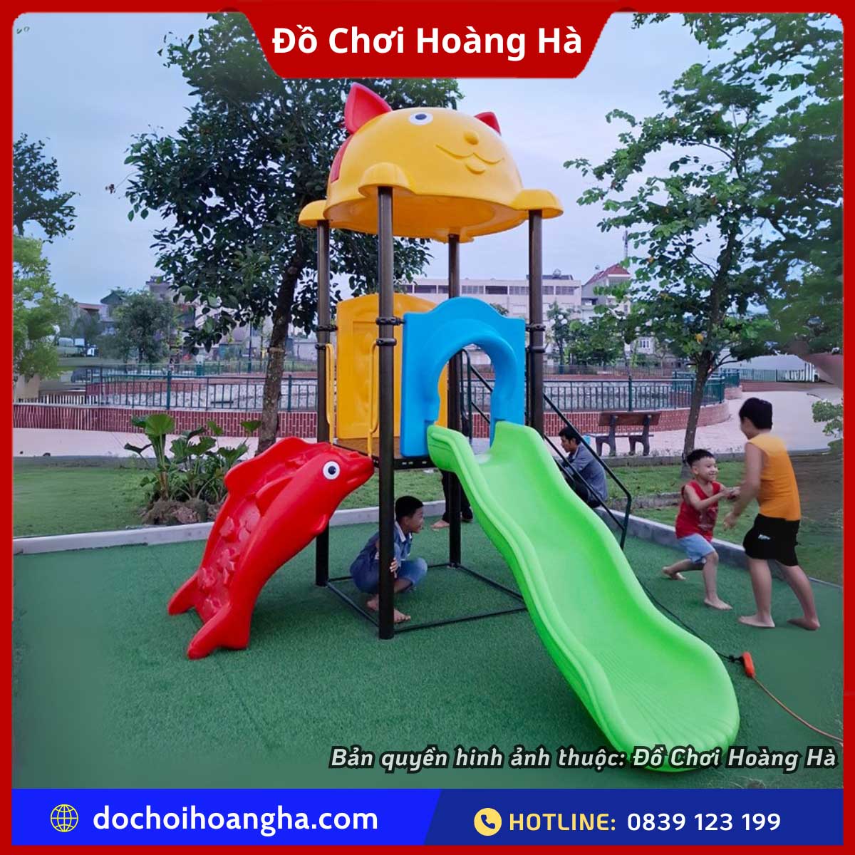 Không gian sử dụng nhà chòi cầu trượt 1 khối mái Mèo ngoài trời