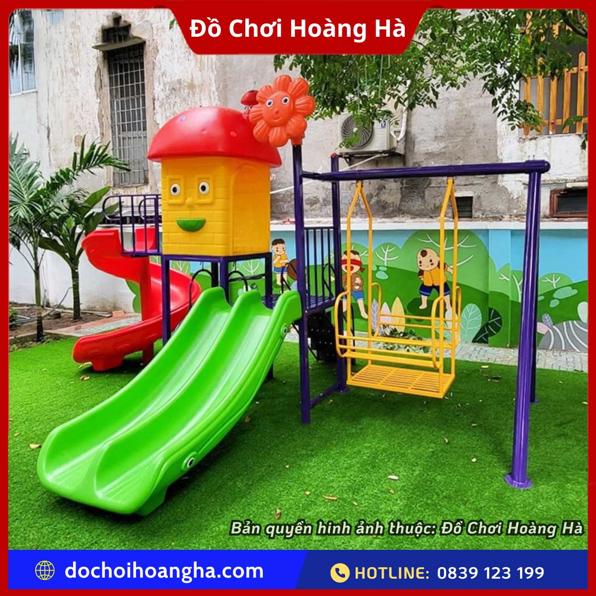 Chất liệu sản xuất sản phẩm được thiết kế để sử dụng bền bỉ ngoài trời, phù hợp với không gian sân trường mầm non, công viên hoặc khu vui chơi trẻ em ngoài trời tại chung cư.